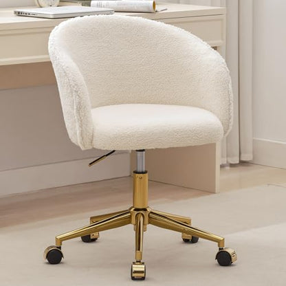 Faux Fur Makeup Vanity Chair,Home Office Desk Chair with Wheels, Blue | Fluffy Swivel Modern Armchair Upholstered Fuzzy Height Adjustable for Teens Women Girls Elegant for Living Room Bedroom - color: Round White+golden Base