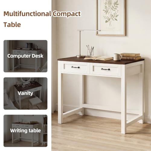 Small Writing Desk with 2 Drawers, Two-Tone Farmhouse Computer Desk with Storage, 31.5" Compact Study Table for Home Office Small Space, White & Walnut