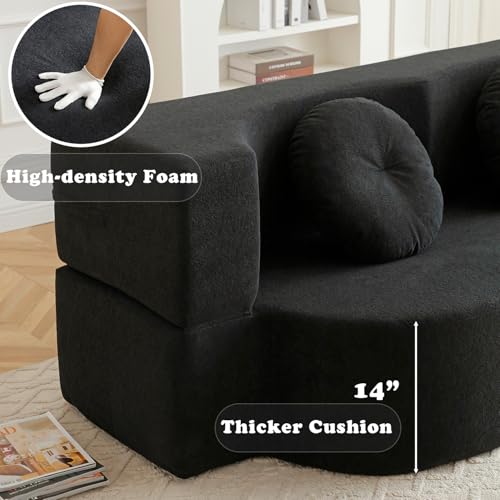 76" Convertible Folding Futon Sofa Bed, Queen Sleeper Sofa with Pillow, Teddy Floor & Futon Loveseat Couch, Foam Folding Mattress Sleeper for Living Room, Guest Use, Apartment, No Assembly (Black) - color: Black