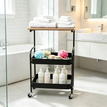 3 Tier Metal Storage Utility Cart with Wooden Top, Rolling Home Organizer | Stable and Sturdy, 2 Lockable Wheels, Multi-Purpose for Snacks, Coffee, Craft, Makeup, Garage, Bedside, Kitchen, Office