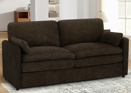 69" Chenille Soft Sofa w/Well-Filled Backrests, Brown | Modern Loveseat w/Plump Pillows, 2 Seater Upholstered Couch w/Thick & Comfy Cushions for Living Room, Bedroom - color: Brown, size: Loveseat