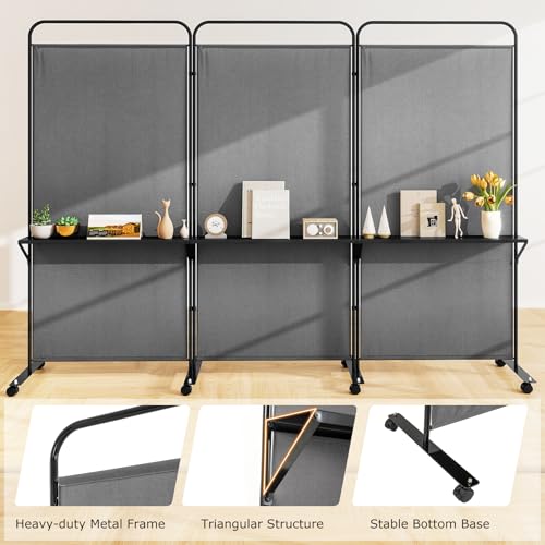 Giantex 3 Panel Room Divider with Wheels and Shelves, 103" W x 74" H Folding Privacy Screen, Rolling Partition Separator for Home Office Studio, Fabric Wall Divider for Room Separation (Gray) - color: Grey