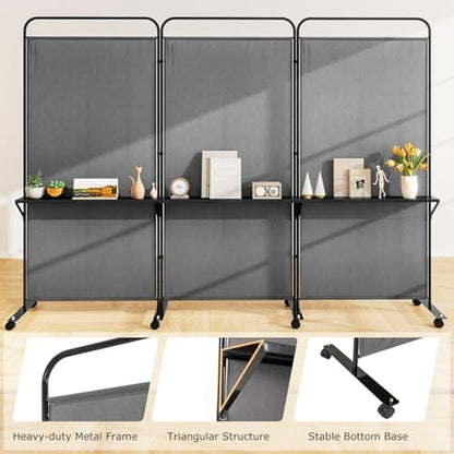 Giantex 3 Panel Room Divider with Wheels and Shelves, 103" W x 74" H Folding Privacy Screen, Rolling Partition Separator for Home Office Studio, Fabric Wall Divider for Room Separation (Gray) - color: Grey
