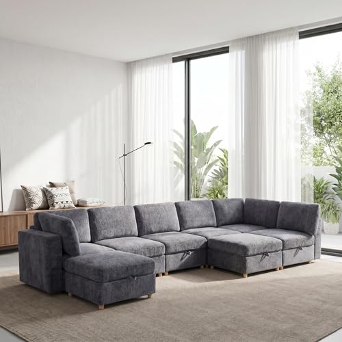 KEIKI Modular Sectional Sleeper Sofa with Hidden Storage, 8 Seat Convertible Fabric Couch with Flexible Layout and Washable Covers, Large U Shaped Sofa for Home Theater, Gathering or Game Room - size: 8-Seater