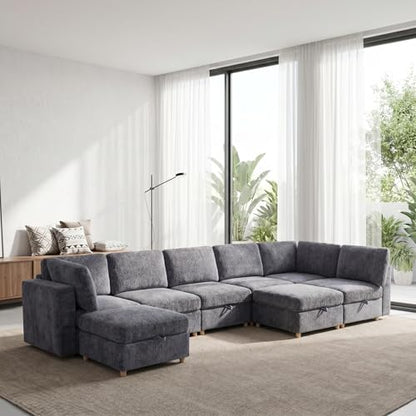KEIKI Modular Sectional Sleeper Sofa with Hidden Storage, 8 Seat Convertible Fabric Couch with Flexible Layout and Washable Covers, Large U Shaped Sofa for Home Theater, Gathering or Game Room - size: 8-Seater