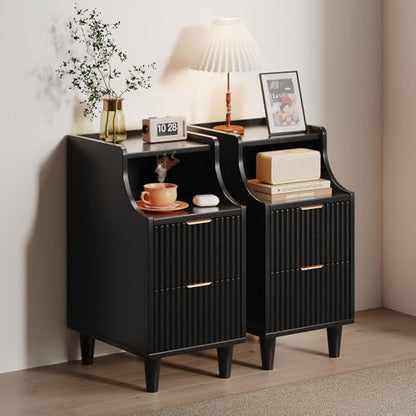 Fluted Nightstands Set of 2,Narrow Bedside Table with 2 Drawers & Storage, Farmhouse Walnut End Table Modern Side Table for Bedroom Livingroom Sofa Office, Small Space - color: Black,11.8" With 2 Drawers