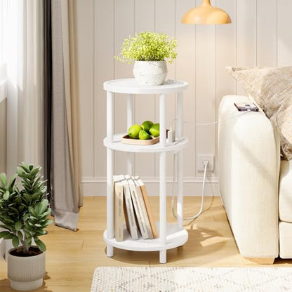 HOOBRO Small Round Side Table with Charging Station, 3-Tier Round Bamboo End Table, Compact Sofa Bedside Table for Small Space, Easy Assembly, for Living Room, Bedroom, Apartment, White WT152UBZ01 - color: White
