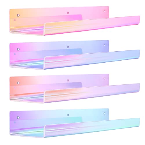 upsimples 4 Pcs 15" Iridescent Acrylic Shelves for Wall Decor and Display | Cute Floating Shelf for Perfume, Skincare, Nail Polish, Wall Organizer for Bedroom, Living Room, Playroom, Room Décor - color: Iridescent