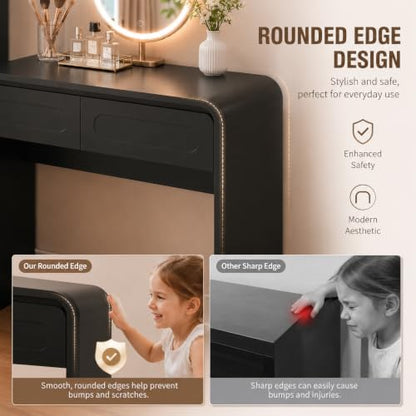 Vanity Desk, Makeup Vanity Desk with Drawers and Hanging Rack | 4 Tier Shelves, Modern Makeup Vanity Table with Curved Profile Design, Makeup Dressing Desk for Bedroom, Black - color: Black, size: 15.7"D x 70"W x 47"H