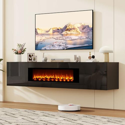 70" Wall Mounted Floating TV Stand with 36" Electric Fireplace, High Gloss Floating Entertainment Center TV Shelf for TVs Up to 80", Black Fireplace Media Console Table Floating TV Cabinet Living Room - color: Black, size: 70"-with fireplace