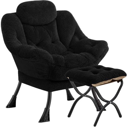 Lazy Chair with Folding Ottoman,Leisure Sofa Chair,Soft Fabric Armchair with Armrests and Side Pockets, Reading Chair with Footrest for Living Room, Bedroom, Office (Plush Black) - color: Plush Black