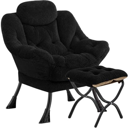 Lazy Chair with Folding Ottoman,Leisure Sofa Chair,Soft Fabric Armchair with Armrests and Side Pockets, Reading Chair with Footrest for Living Room, Bedroom, Office (Plush Black) - color: Plush Black