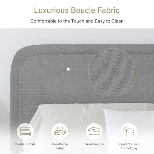 BarnFurin Twin Bed Frame, Cloud Boucle Headboard, Low Profile, Light Grey | Soft boucle and rounded edges create a low-profile cloud look. Wooden slats support the mattress without a box spring - color: Light Grey, size: Twin