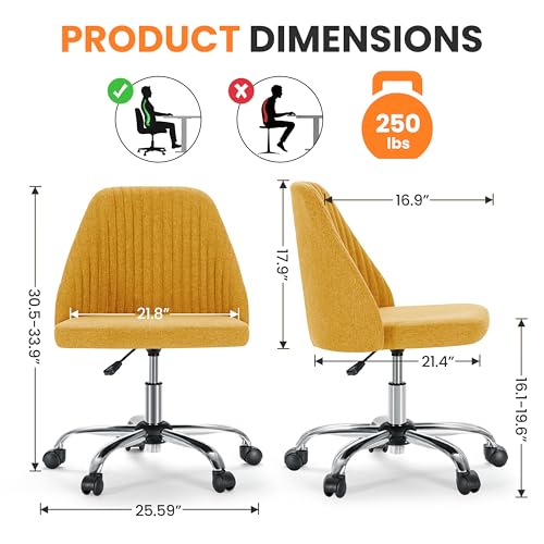 Simple Deluxe Armless Office Desk Chair, Modern Cute Swivel Vanity Chair Comfy Home Office Chairs with Wheels Height Adjustable Rolling Computer Task Stools for Living Room, Make-up, Bedroom, Yellow - color: Yellow