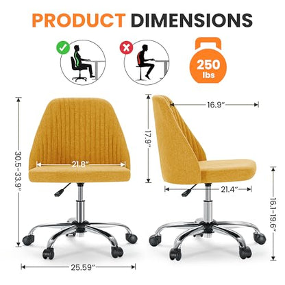 Simple Deluxe Armless Office Desk Chair, Modern Cute Swivel Vanity Chair Comfy Home Office Chairs with Wheels Height Adjustable Rolling Computer Task Stools for Living Room, Make-up, Bedroom, Yellow - color: Yellow