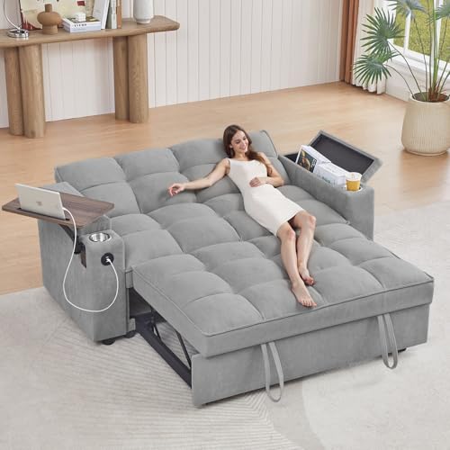 65" 3-in-1 Sofa Bed, Pull Out Sleeper Sofa with 360° Swivel Side Table, Storage Armrests, Cup Holders & USB Charging Ports, Chenille Convertible Couch for Living Room - color: 1107-light Gray-