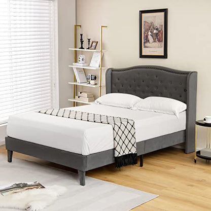 Upholstered Queen Bed Frame w/Wood Slats & Noise-Free EVA Foam | Velvet Mattress Foundation, Button Tufted Wingback Headboard, No Box Spring Needed, Low Platform Bed Frame - size: Queen (U.S. Standard)