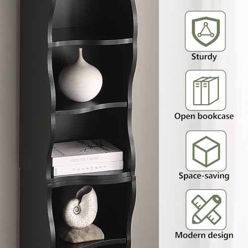 Tall Narrow Bookshelf, 8 Tiers Ultra Slim Bookbase, Skinny Tall Bookshelf, for Living Room, Office, Small Space, Adjustable Shelves, A Wavy Border Design, 11.6'' X 9.3'' X 70.9'' (Black) - color: Black