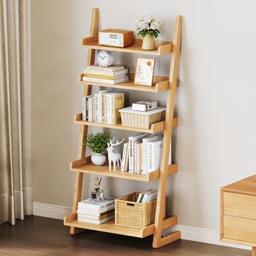 Uniclinens Natural Wooden Ladder Shelf, 5-Tier Ladder Bookshelf, Ladder Shelf Bookcase for Compact Spaces, Wooden Bookshel for Living Room, Bedroom, Home Office,(23.6''Dx15.7''Wx55.1''H) - color: Natural