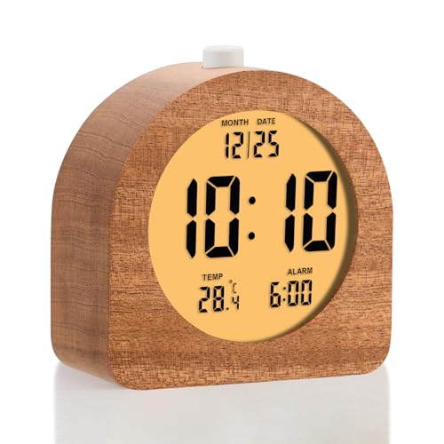 Plumeet Wooden Digital Alarm Clock for Bedrooms, Wood 4'' Battery Powered Alarm Clock with Snooze and Nightlight, Electronic LCD Desk Clock Display Time, Date, Temp, 12/24H, Wood Décor, Round, Sapele - color: Sapele, size: Semicircle 4.2''