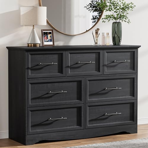 Black Dresser for Bedroom, Modern 7 Chest of Drawers, 47" Wide Chest of Drawers w/Brushed Metal Handle, Wood Closet Organizers and Storage Cabinet for Bedroom, Living Room, Hallway - color: Black, size: 15.7"D x 47.2"W x 33.4"H (7 Drawers)