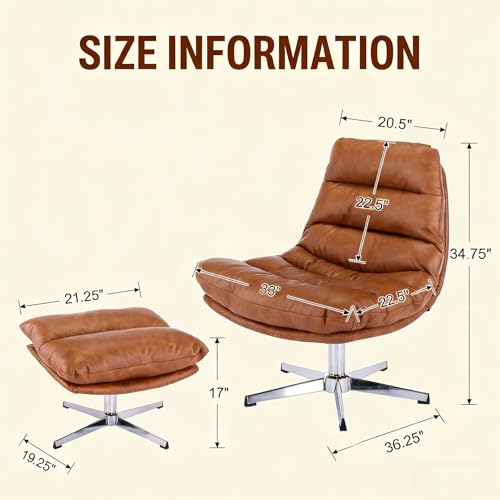 HNY Brown Swivel Lounge Chair with Ottoman Modern PU Leather Accent Chair with Footrest 33'' Wide Oversized Armless Upholstered Reading Chair with Footstool for Living Room Bedroom Comfy - size: 1 SET