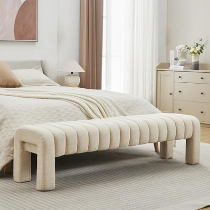 63" Bedroom Bench, Upholstered Entryway Bench, Modern End of Bed Ottoman with Solid Wood Legs and Adjustable Foot Pegs for Entryway, Dining Room and Living Room (Beige Linen) - color: Beige Linen, size: 63"