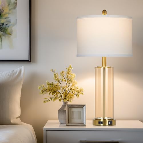Ruzectt 26" Glass Table Lamp Single, 3-Way Dimmable Touch Control Living Room Lamp with USB C+A Ports & AC Outlet, Modern Bedside Lamps, Bedroom Lamps for Nightstand Side End Table Desk, Brown-1PK - color: Brown-1PK