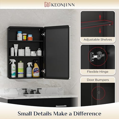 Keonjinn 20 x 32 Inch Chrome Medicine Cabinets for Bathroom with Mirror Adjustable Shelves Stainless Steel Framed Rounded Rectangle Single Door Surface Wall Mounted Silver Bathroom Storage Cabinet | Stainless Steel Framed, Adjustable Shelves, Recessed or