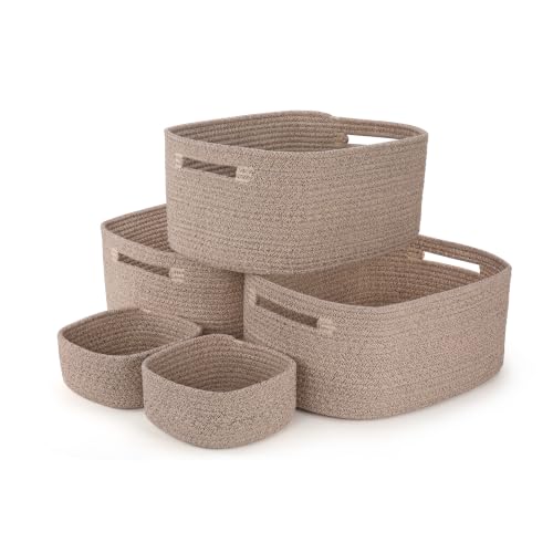 5-Pack Large Woven Rope Storage Baskets, 2 Sizes Organizer Bins | Fabric Cube Boxes and Rectangular Shallow Bins for Closet, Shelf, Bookshelf, Nursery, Changing Table, Bathroom, Toys & Home - color: natural, size: 3pcs-16.92*12.99*7.08'' & 2pcs-7.08*7.08*