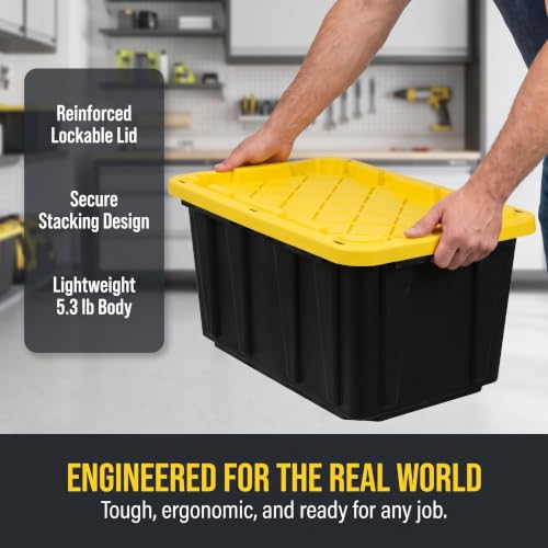 4 Pack 17 Gallon Stackable Storage Bins with Lockable Lids, Black & Yellow | Heavy-duty plastic, stackable & nestable, lock-compatible lid, garage/home/office/moving use, 26.3"x17.8"x12.3" each