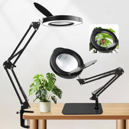 15X Magnifying Glass with Light & Stand,Real Glass,RTM Safety Protection,5 Colors Stepless Dimmable Eye-Caring LED,2-in-1 Hands-Free Desk & Clip-On Magnifier for Reading Crafts Painting & Repair