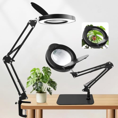 15X Magnifying Glass with Light & Stand,Real Glass,RTM Safety Protection,5 Colors Stepless Dimmable Eye-Caring LED,2-in-1 Hands-Free Desk & Clip-On Magnifier for Reading Crafts Painting & Repair