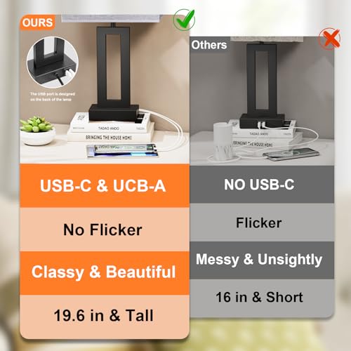 Seealle Nightstand Table Lamps for Bedrooms Set of 2 - Touch Bedside Lamp with USB C+A, 3 Way Dimmable Living Room End Tables 2, Modern Night Stand Bed Side Guest Room(Grey) B. Grey - color: B. Grey&Black, size: Medium(19.6in)