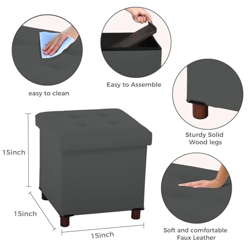 Dorriss Storage Ottoman, Ottoman with Storage for Living Room Ottoman Square Tray Bedroom Cube Foot Rest Stool With Legs Small Ottomans Coffee Table Lid Foldable Footstool Faxu Leather 15" Inch (Grey)