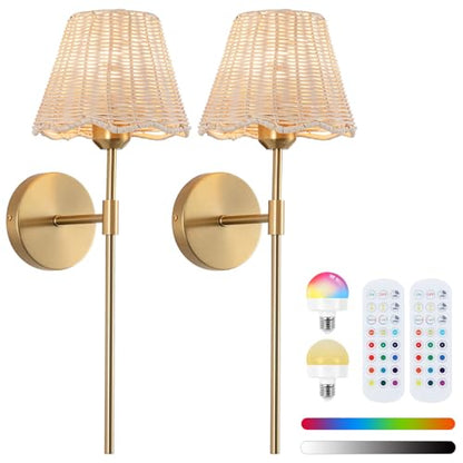 Battery Operated Wall Sconces Set of 2, Rattan Shade Wireless Wall Sconces, RGB Rechargeable Dimmable, Gold Boho Wall Sconce for Bedroom, Living Room, Hallway Bulbs Included - color: Gold 19.6in