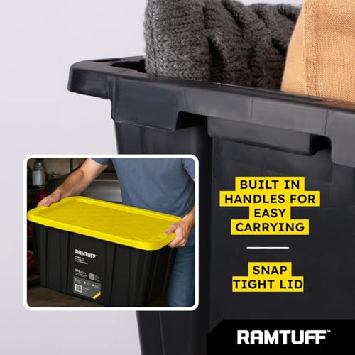 4 Pack Heavy Duty Stackable Storage Container with Snap-Tight Lid, Resistant To Weather Organization Tote, 27 Gallon, Black and Yellow - size: 4 pcs