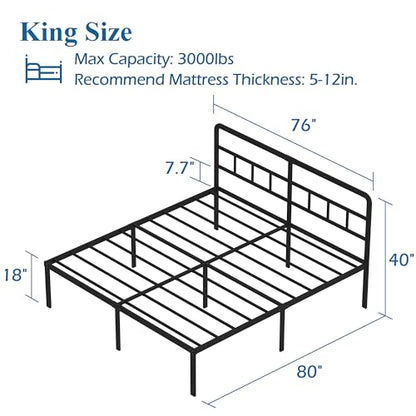 DiaOutro 18 Inch King Bed Frame with Headboard Metal Platform, Black | Heavy Duty Bed For Kids Adults, Steel Slat Supports No Box Spring Needed, Easy Assembly, Noise Free - size: King, style: 18 Inch