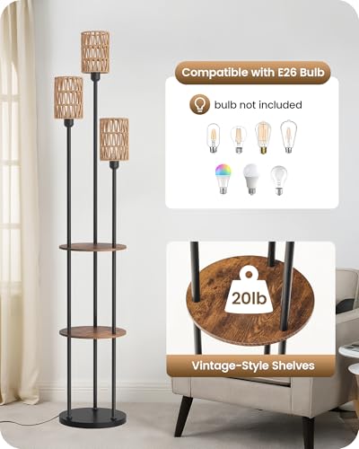 Floor Lamp with Shelves, Boho Floor Lamp with Foot Switch, 3-Light Standing Lamp, for Living Room, Bedroom, Study, Rustic Brown and Yellow YF53LD05 ﻿ - color: Rustic Brown+Rattan