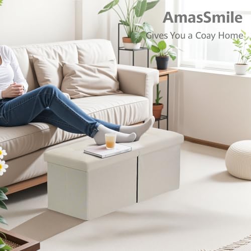 AmasSmile Footrest Ottoman Storage Bench,34" Linen Folding Chest,Beige | Large Ottoman with Storage,Thicker Foam Padded Seat,Livingroom,Dorm,Bedroom,Entryway,Easy to install,34 x 13 x 13in - color: Beige-linen
