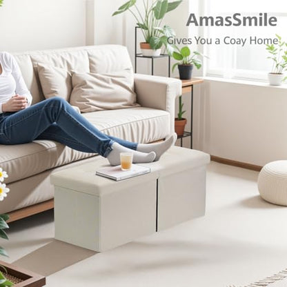 AmasSmile Footrest Ottoman Storage Bench,34" Linen Folding Chest,Beige | Large Ottoman with Storage,Thicker Foam Padded Seat,Livingroom,Dorm,Bedroom,Entryway,Easy to install,34 x 13 x 13in - color: Beige-linen