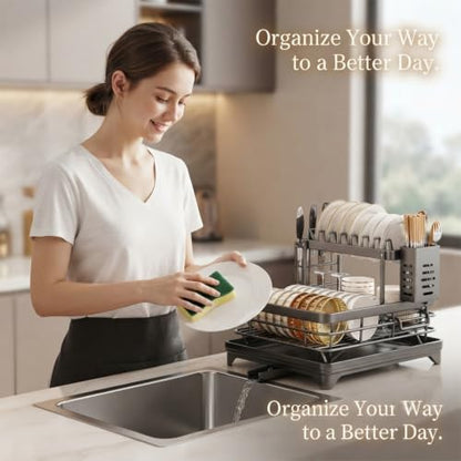 Stainless Steel Dish Drying Rack for Kitchen Counter, 2-Tier Dish Racks for Kitchen Counter, Compact Dish Drainer with Auto-Drainboard & Utensil Holder for Plates, Bowls, Cups and Cutlery (D-1) - color: D-1