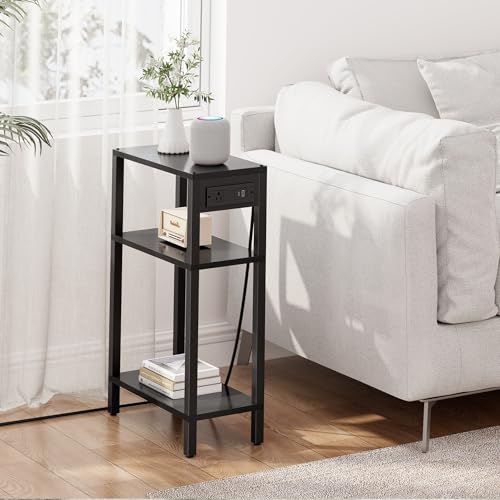 TUTOTAK Narrow Side Table, 3-Tier Small End Table with Charging Station | Skinny Sofa Table, Slim Nightstand, Easy Assembly for Living Room, Bedroom, Black TB01BK079 - color: Black, size: 3-tier