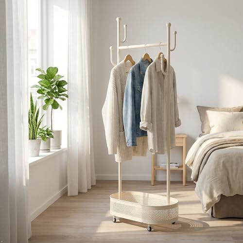 Cream White Wheeled Cactus Metal Coat Rack Freestanding Garment | Organizer Double Sided, Modern Style, Powder Coated, for Entryway and Bedroom, 24x14x66.93 Inches - color: Off-White