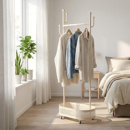 Cream White Wheeled Cactus Metal Coat Rack Freestanding Garment | Organizer Double Sided, Modern Style, Powder Coated, for Entryway and Bedroom, 24x14x66.93 Inches - color: Off-White