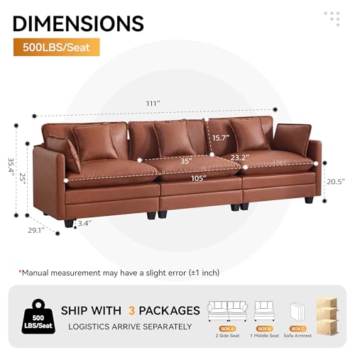 111'' Sectional Cloud Deep Seat Couch, Modern Comfy Leather Modular Sectional Sofa for Living Room Set, Upholstered Modular 3-Seats Sofa Couch, Leather Brown - color: Pu-dark Brown, size: 111'' 3 Seats