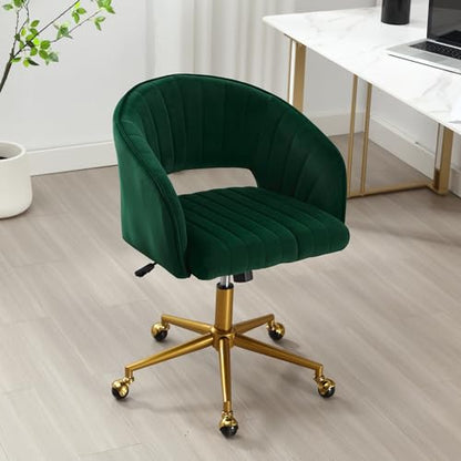 Desk Chair with Wheels, Gold Base, Velvet Accent Vanity Armchair, Green | Spacious‌ Soft Seat, Swivel Height Adjustable, Rocking Function, Modern Stripe for Girls &Women Bedroom Makeup or Nail - color: Dark Green Velvet