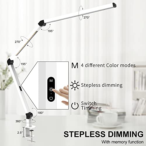 LED Desk Lamp with Clamp, Dual Light Table Lamp with Adjustable Swing Arm, Eye-Care 4 CCT Modes & 5 Brightness Levels Clip-on Architect Modern Desk Light for Home Office Crafting Sewing - color: White+Touch