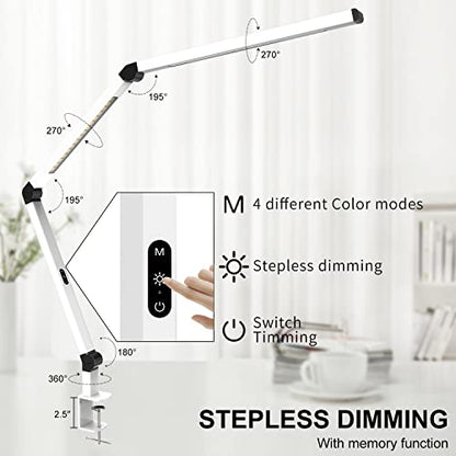 LED Desk Lamp with Clamp, Dual Light Table Lamp with Adjustable Swing Arm, Eye-Care 4 CCT Modes & 5 Brightness Levels Clip-on Architect Modern Desk Light for Home Office Crafting Sewing - color: White+Touch
