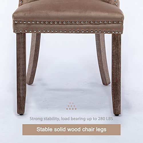 Virabit Velvet Dining Chairs Set - Tufted Upholstered Chairs with Nailhead Back and Ring Pull Trim, Solid Wood for Kitchen/Bedroom/Dining Room (Khaki) - color: Khaki, size: set of 6